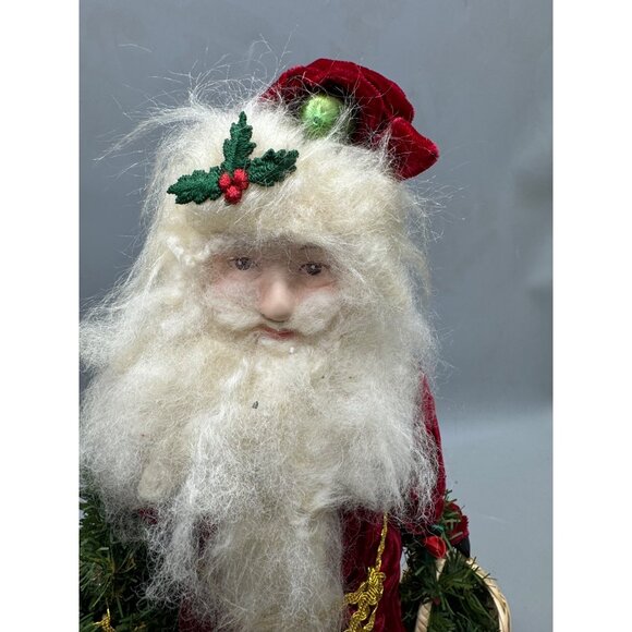 Santa Claus Figurine Faux Fur Beard & Velvet Robe Holding Christmas Tree READ - Picture 3 of 16